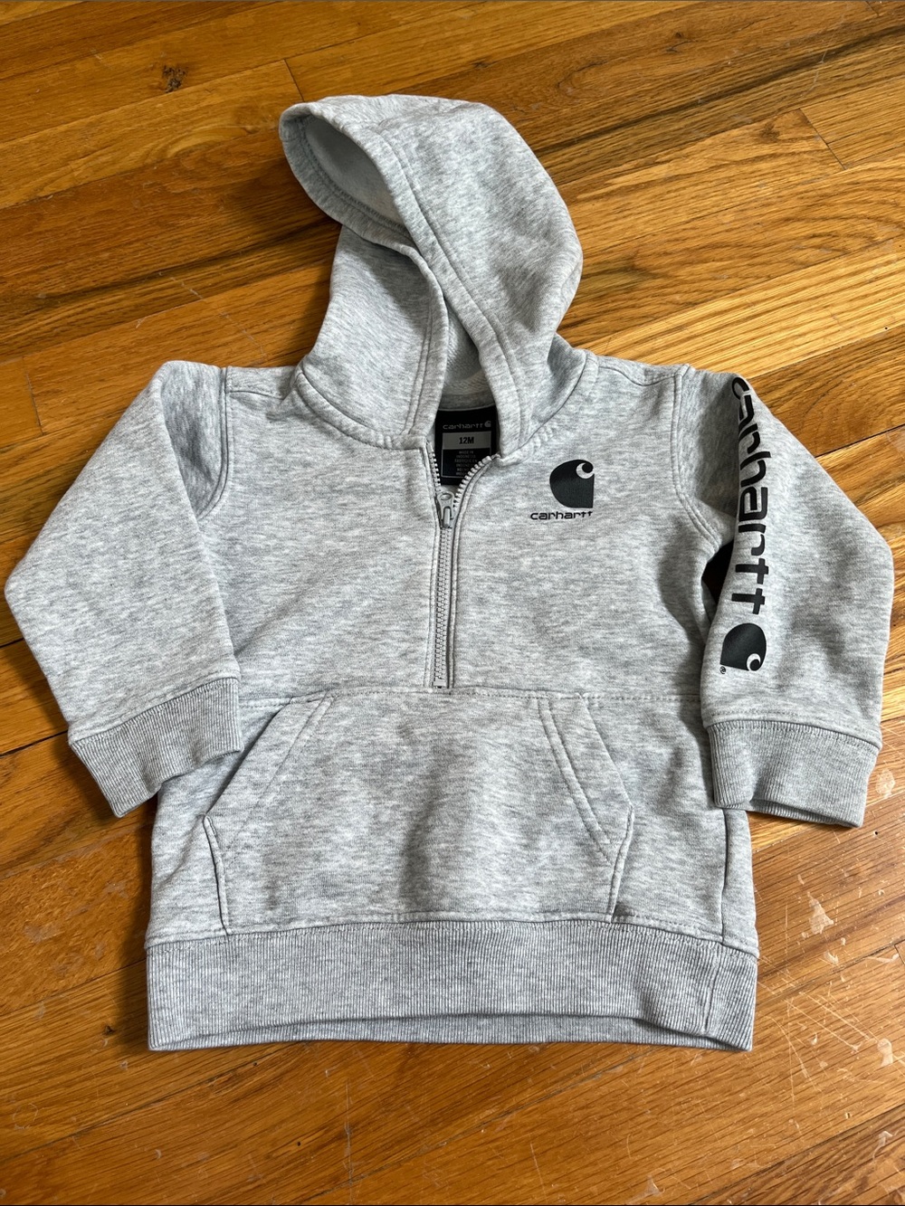 Carhartt Kids' Light Gray Half-Zip Hoodie with Logo Sleeve